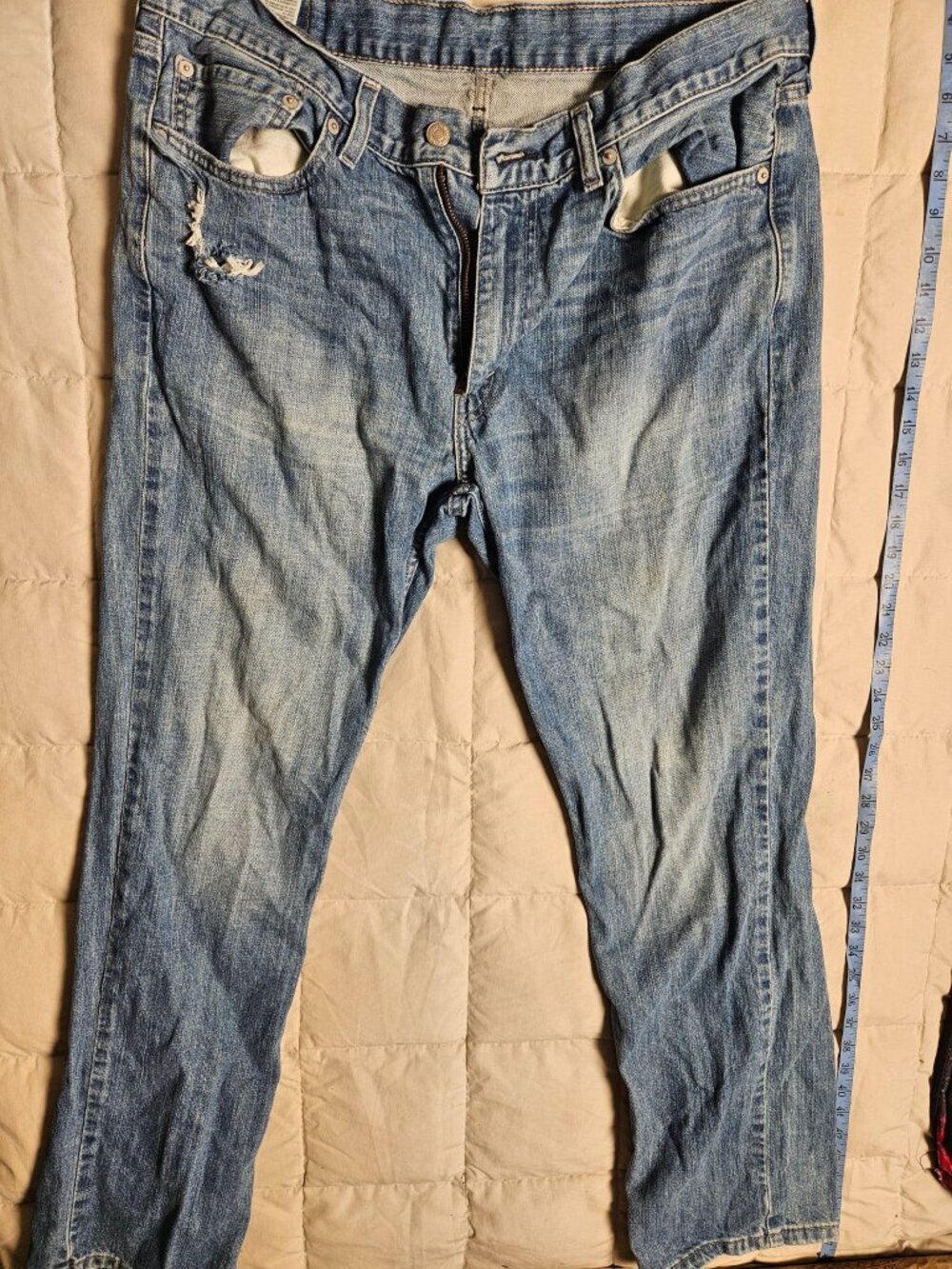 Levis 514 Jeans Mens 36x32 Light Wash Straight Distressed Pocket Tear